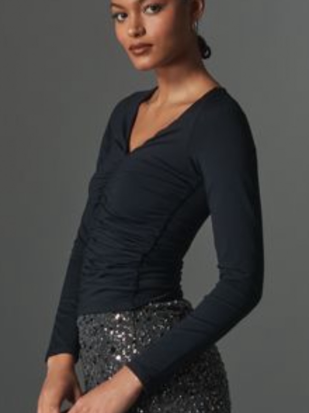 Maeve Black Ruched V-Neck Long-Sleeve Top